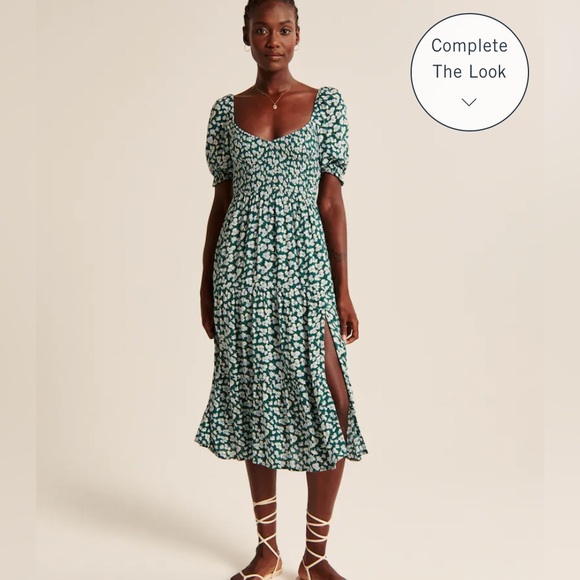 Abercrombie & Fitch Women’s Green Floral Print Short-Sleeve Smocked Midi Dress - Picture 4 of 10
